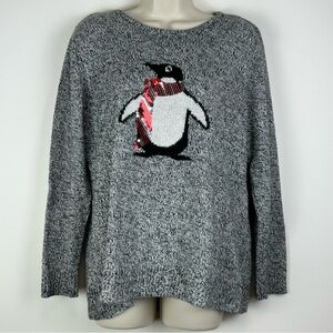 Croft & Barrow Penguin Sequin Holiday Sweater Gray XL Novelty Christmas Whimsy